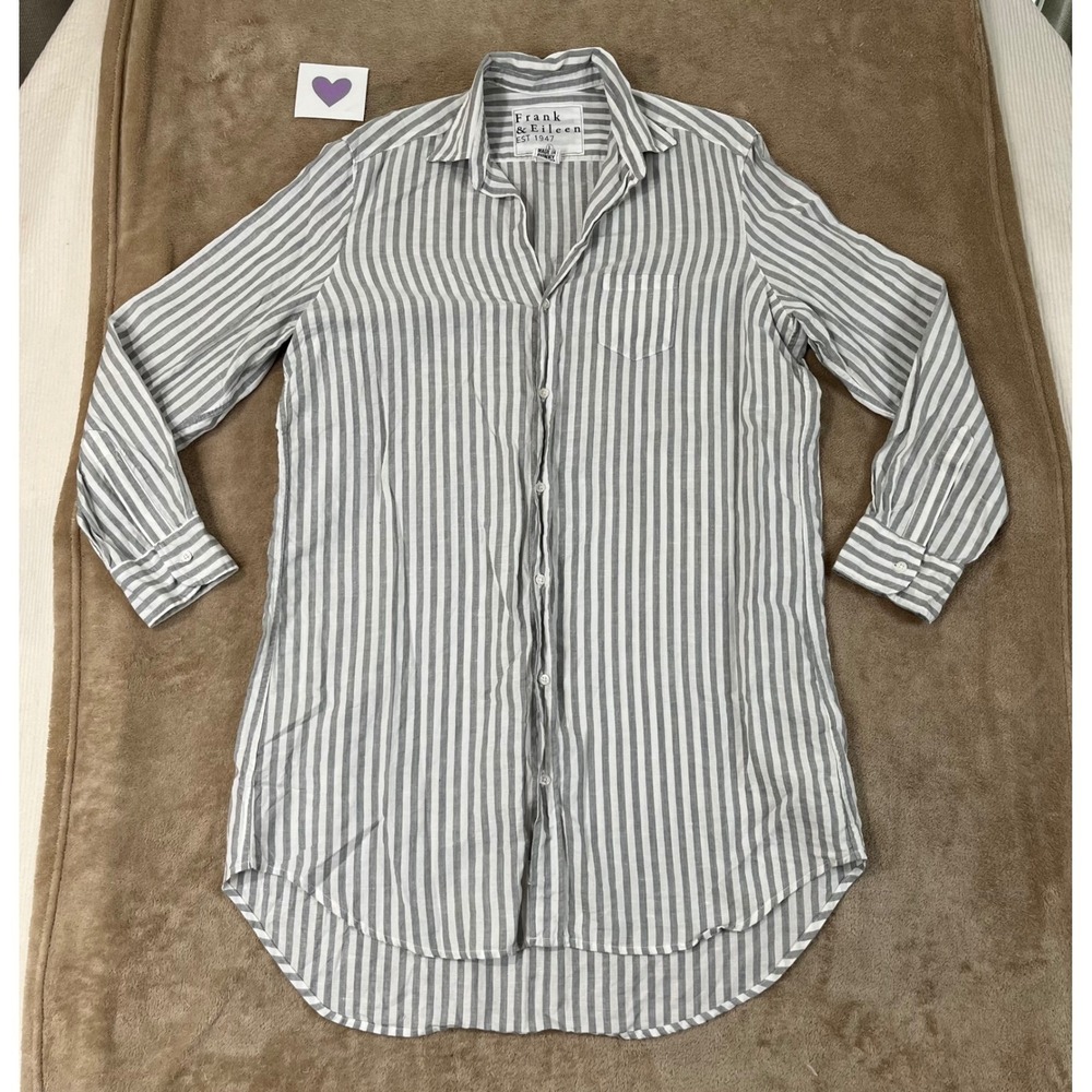 Frank & Eileen Mary Shirt Dress Womens L Gray White Linen Cotton Striped L/S EUC